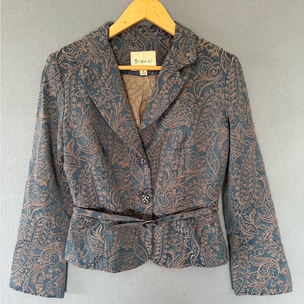 Biacci Jacquard Paisley Blazer Sz 6 Teal Bronze Jeweled Belted Jacket - Picture 4 of 13